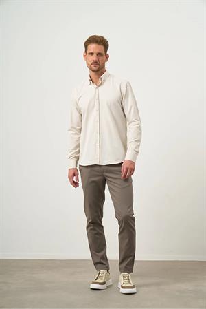 Kremrengi Düğmeli Yaka Kolay Ütülenebilir Oxford Pamuklu Slim Fit Gömlek