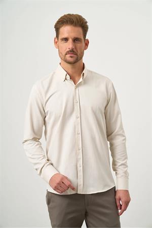 Kremrengi Slim Fit Düğmeli Yaka Oxford Kolay Ütülenebilir Pamuklu HEDİYE KUTULU Uzun Kollu Gömlek