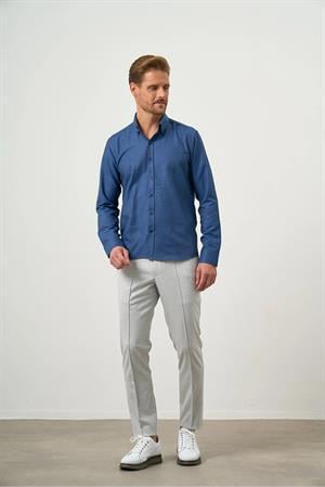 Lacivert Düğmeli Yaka Kolay Ütülenebilir Oxford Pamuklu Slim Fit Gömlek