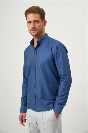 Lacivert Düğmeli Yaka Kolay Ütülenebilir Oxford Pamuklu Slim Fit Gömlek