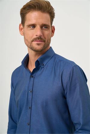 Lacivert Düğmeli Yaka Kolay Ütülenebilir Oxford Pamuklu Slim Fit Gömlek