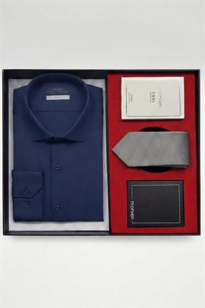 Lacivert Erkek Stil Slim Fit Hediye Kutulu Gömlek, Kravat, Parfüm Ve Cüzdan Seti