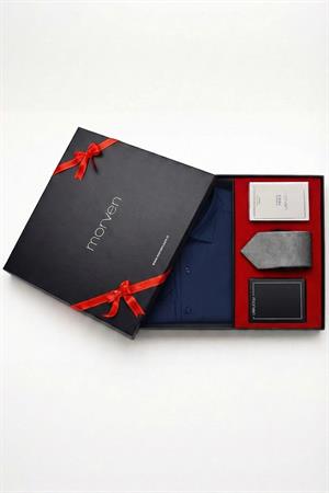 Lacivert Erkek Stil Slim Fit Hediye Kutulu Gömlek, Kravat, Parfüm Ve Cüzdan Seti