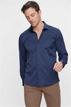 Lacivert Slim Fit Düz Sert Yaka Kolay Ütülenebilen HEDİYE KUTULU Uzun Kollu Erkek Gömlek