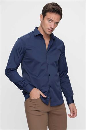 Lacivert Slim Fit Düz Sert Yaka Kolay Ütülenebilen HEDİYE KUTULU Uzun Kollu Erkek Gömlek