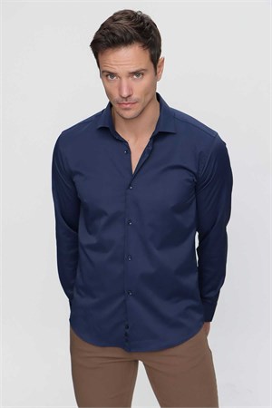 Lacivert Slim Fit Düz Sert Yaka Kolay Ütülenebilen HEDİYE KUTULU Uzun Kollu Erkek Gömlek