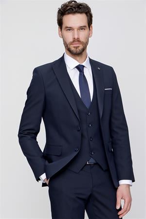 Lacivert Yelekli Jakarlı Slim Fit Dar Kesim 6 Drop Erkek Takım Elbise