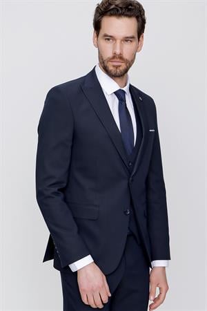 Lacivert Yelekli Jakarlı Slim Fit Dar Kesim 6 Drop Erkek Takım Elbise