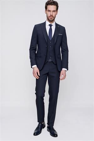 Lacivert Yelekli Jakarlı Slim Fit Dar Kesim 6 Drop Erkek Takım Elbise