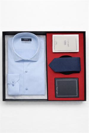Mavi Erkek Stil Slim Fit Hediye Kutulu Gömlek, Kravat, Parfüm Ve Cüzdan Seti