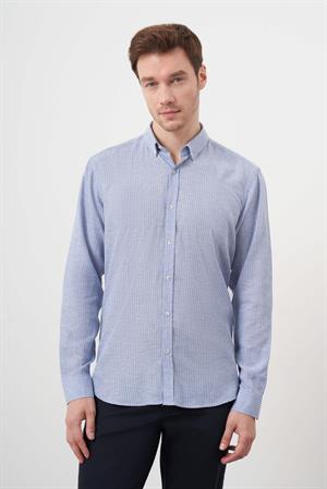 Morven Erkek A. MAVİ Keten Çizgili Düğmeli Yaka Regular Fit Gömlek