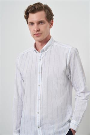 Morven Erkek A. MAVİ Keten Dynamic Fit Düğmeli Yaka Gömlek