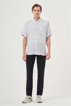 Morven Erkek A. MAVİ Keten Trend Regular Fit Düğmeli Yaka Kısa Kol Gömlek