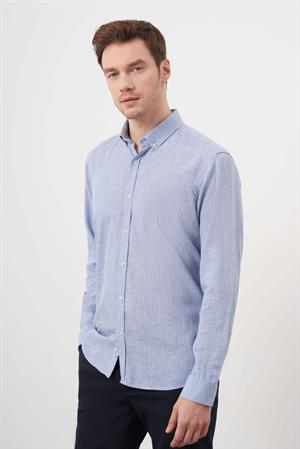 Morven Erkek A. MAVİ Keten Çizgili Düğmeli Yaka Regular Fit Gömlek