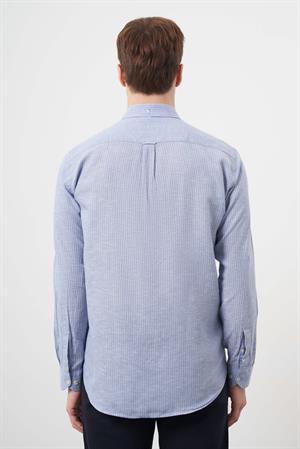 Morven Erkek A. MAVİ Keten Çizgili Düğmeli Yaka Regular Fit Gömlek