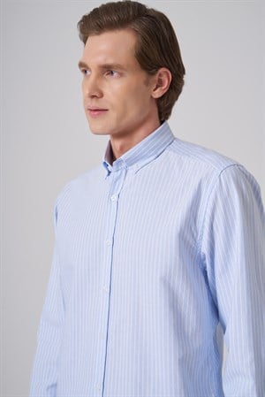 Morven Erkek A. MAVİ Pamuk Trend Çizgili Dynamic Fit Düğmeli Yaka Gömlek