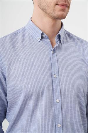 Morven Erkek A. MAVİ Keten Çizgili Düğmeli Yaka Regular Fit Gömlek