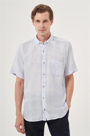 Morven Erkek A. MAVİ Keten Trend Regular Fit Düğmeli Yaka Kısa Kol Gömlek