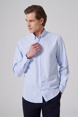 Morven Erkek A. MAVİ Pamuk Trend Çizgili Dynamic Fit Düğmeli Yaka Gömlek