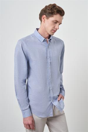 Morven Erkek A. MAVİ Keten Dynamic Fit Düğmeli Yaka Gömlek