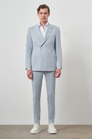 Morven Erkek A. MAVİ Çizgili Desen Kruvaze Slim Fit Sivri Yaka Takım Elbise