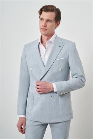 Morven Erkek A. MAVİ Çizgili Desen Kruvaze Slim Fit Sivri Yaka Takım Elbise