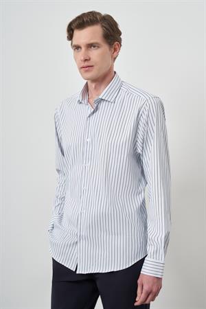 Morven Erkek A-Beyaz Trend Çizgili Slim Fit İtalyan Yaka Gömlek
