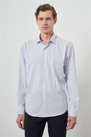 Morven Erkek A-Beyaz Trend Çizgili Slim Fit İtalyan Yaka Gömlek