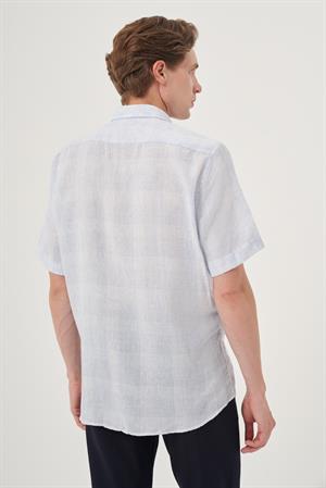 Morven Erkek A. MAVİ Keten Trend Regular Fit Düğmeli Yaka Kısa Kol Gömlek