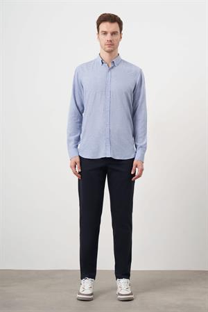 Morven Erkek A. MAVİ Keten Çizgili Düğmeli Yaka Regular Fit Gömlek
