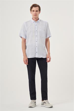 Morven Erkek A. MAVİ Keten Trend Regular Fit Düğmeli Yaka Kısa Kol Gömlek