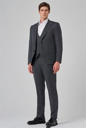 Morven Erkek Antrasit Poliviskon Yelekli Trend Desenli Slim Fit Sivri Yaka Takım Elbise