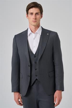 Morven Erkek Antrasit Poliviskon Yelekli Trend Desenli Slim Fit Sivri Yaka Takım Elbise