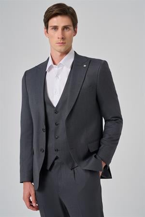 Morven Erkek Antrasit Poliviskon Yelekli Trend Desenli Slim Fit Sivri Yaka Takım Elbise