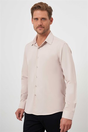 Morven Erkek Bej Basic Düz Desen Sert Yaka Slim Fit Gömlek