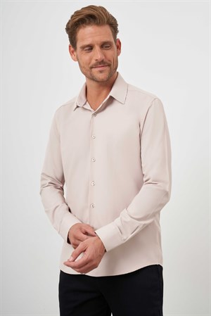 Morven Erkek Bej Basic Düz Desen Sert Yaka Slim Fit Gömlek