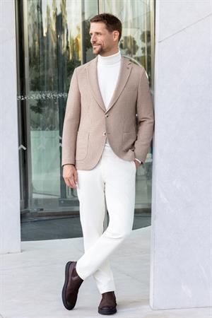 Morven Erkek Bej Dokuma Slim Fit Mono Yaka Ceket