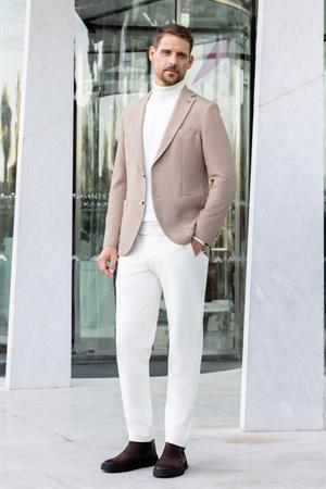 Morven Erkek Bej Dokuma Slim Fit Mono Yaka Ceket