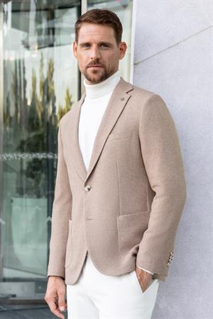 Morven Erkek Bej Dokuma Slim Fit Mono Yaka Ceket