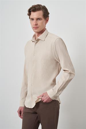 Morven Erkek Bej Gofre Trend Desenli Dynamic Fit İtalyan Yaka Gömlek