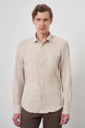 Morven Erkek Bej Gofre Trend Desenli Dynamic Fit İtalyan Yaka Gömlek