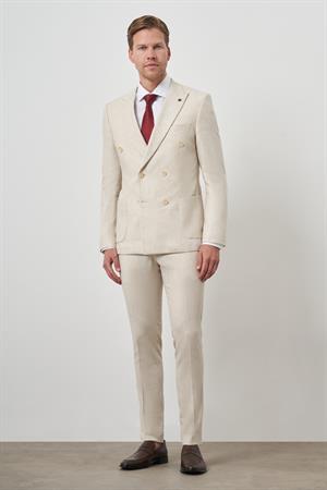 Morven Erkek Bej Keten Kruvaze Slim Fit Sivri Yaka Takım Elbise