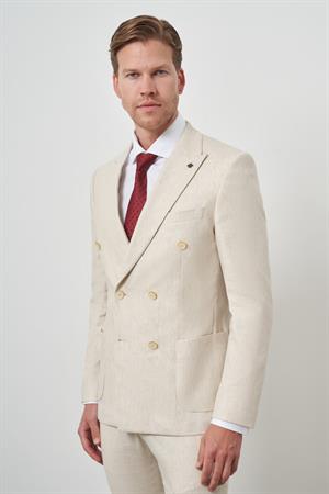 Morven Erkek Bej Keten Kruvaze Slim Fit Sivri Yaka Takım Elbise