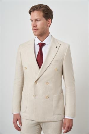 Morven Erkek Bej Keten Kruvaze Slim Fit Sivri Yaka Takım Elbise