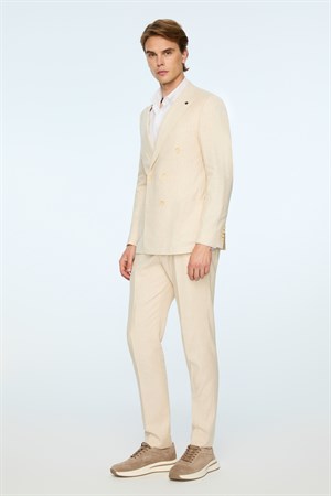 Morven Erkek Bej Keten Trend Desenli Slim Fit Sivri Yaka Kuruvaze Takım Elbise
