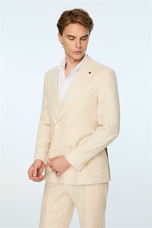 Morven Erkek Bej Keten Trend Desenli Slim Fit Sivri Yaka Kuruvaze Takım Elbise