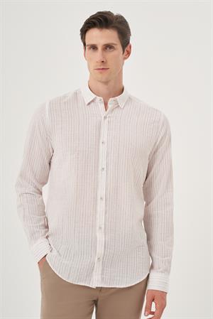 Morven Erkek Bej Keten Trend Dynamic Fit Britli Yaka Gömlek