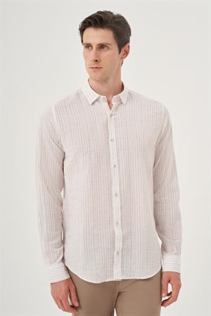 Morven Erkek Bej Keten Trend Dynamic Fit Britli Yaka Gömlek