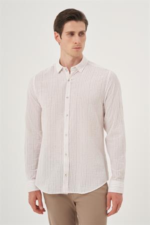 Morven Erkek Bej Keten Trend Dynamic Fit Britli Yaka Gömlek