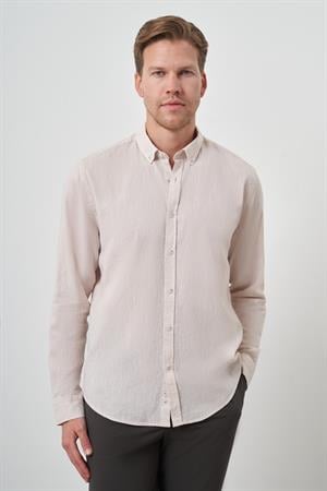 Morven Erkek Bej Keten Trend Dynamic Fit Düğmeli Yaka Gömlek